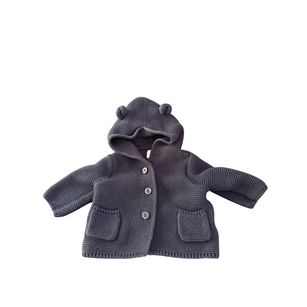Baby Gap Bear Ear Hooded Garter Stitch Cardigan Navy Blue 0-3 Months